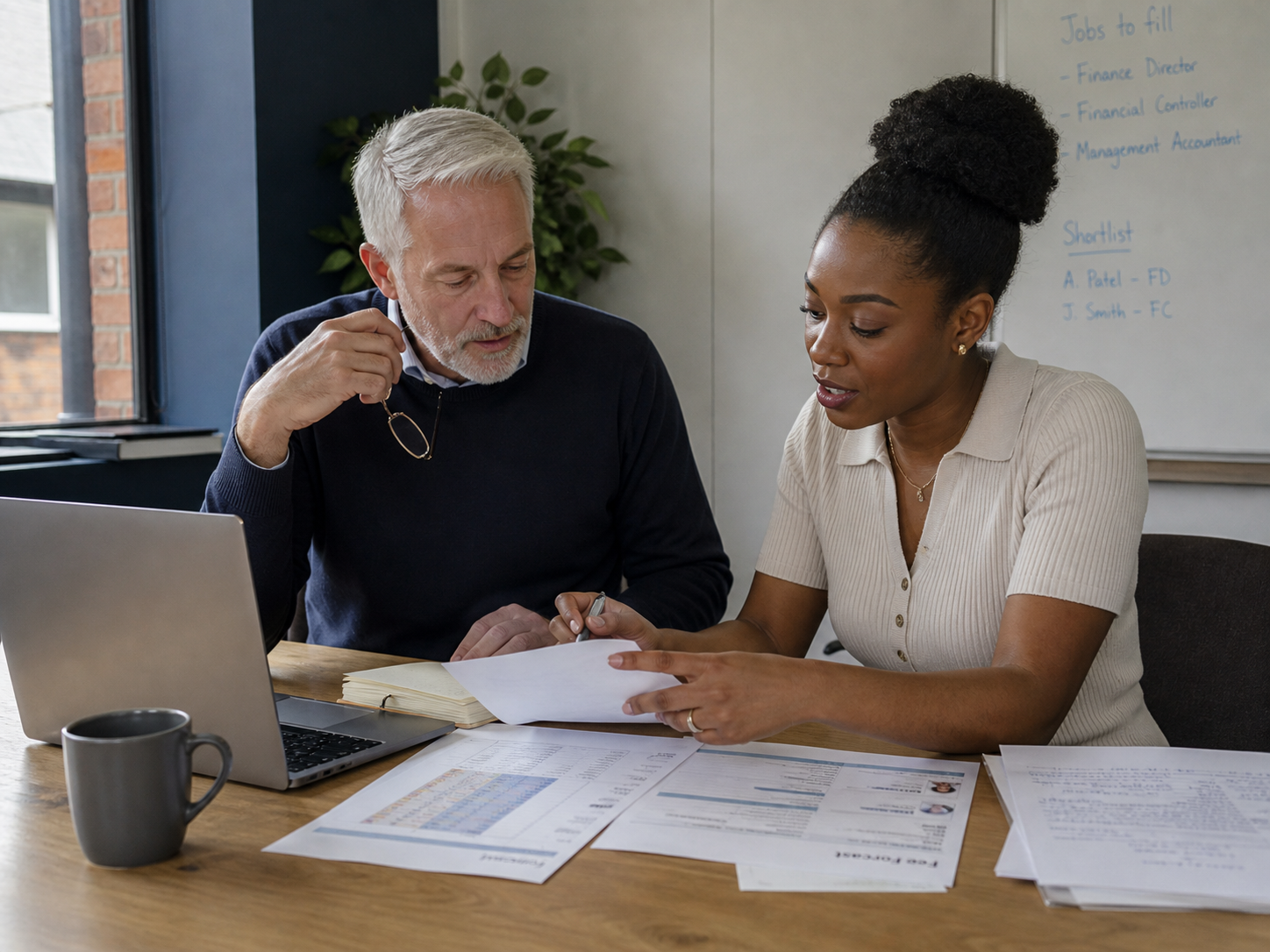 Two colleagues working through paperwork together at a desk, one explaining and the other reading along, laptop and printed reports in front of them.