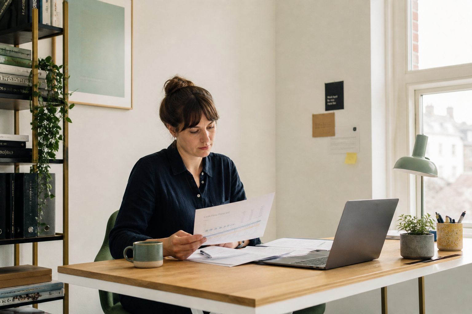 A business owner reading printed pages at her desk with a laptop open and a mug of tea beside her