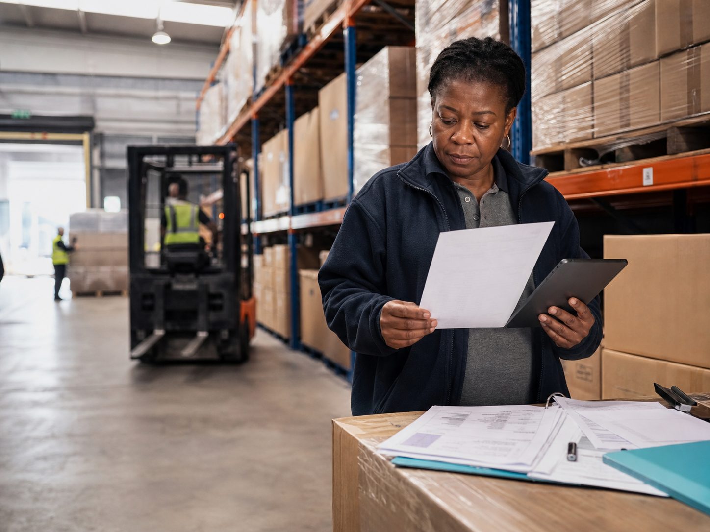 Warehouse manager checking stock paperwork with a forklift moving goods behind her.